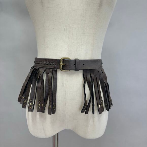 BCBGMAXAZRIA tassel Fringe studded faux leather brown statement skirt belt Small - Picture 1 of 16